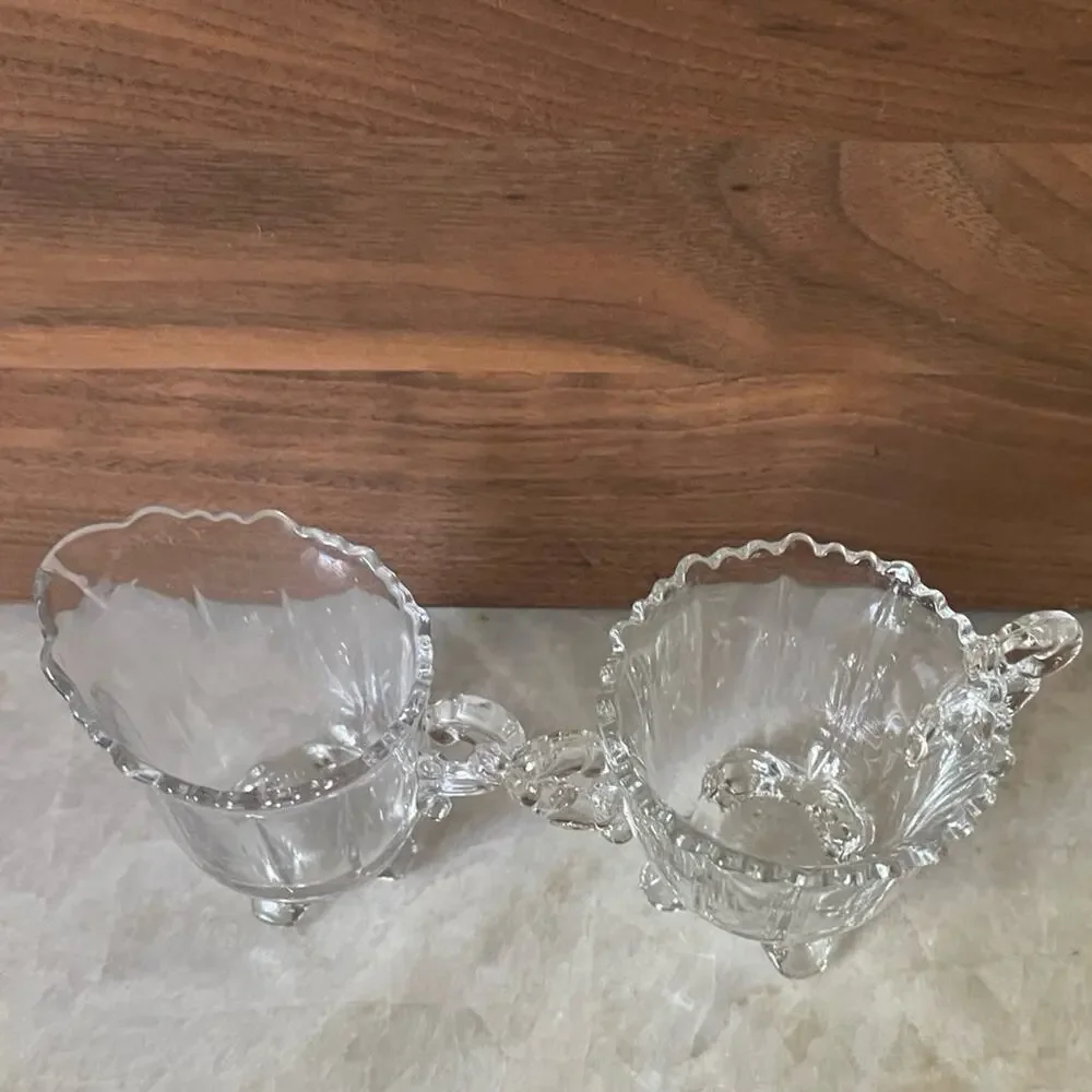 Vintage crystal  glass footed creamer and sugar set 2-1/2